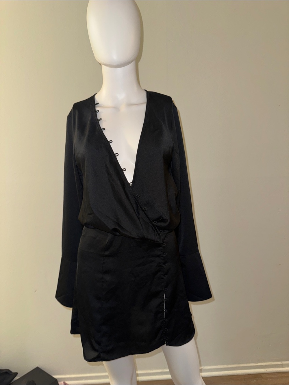 NEVER USED. ASOS Black Satin Mini Dress with Wrap V-Neck